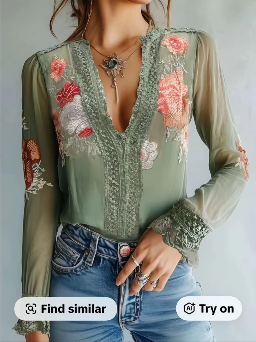 Sheer Olive Green Floral Embroidered V-Neck Blouse